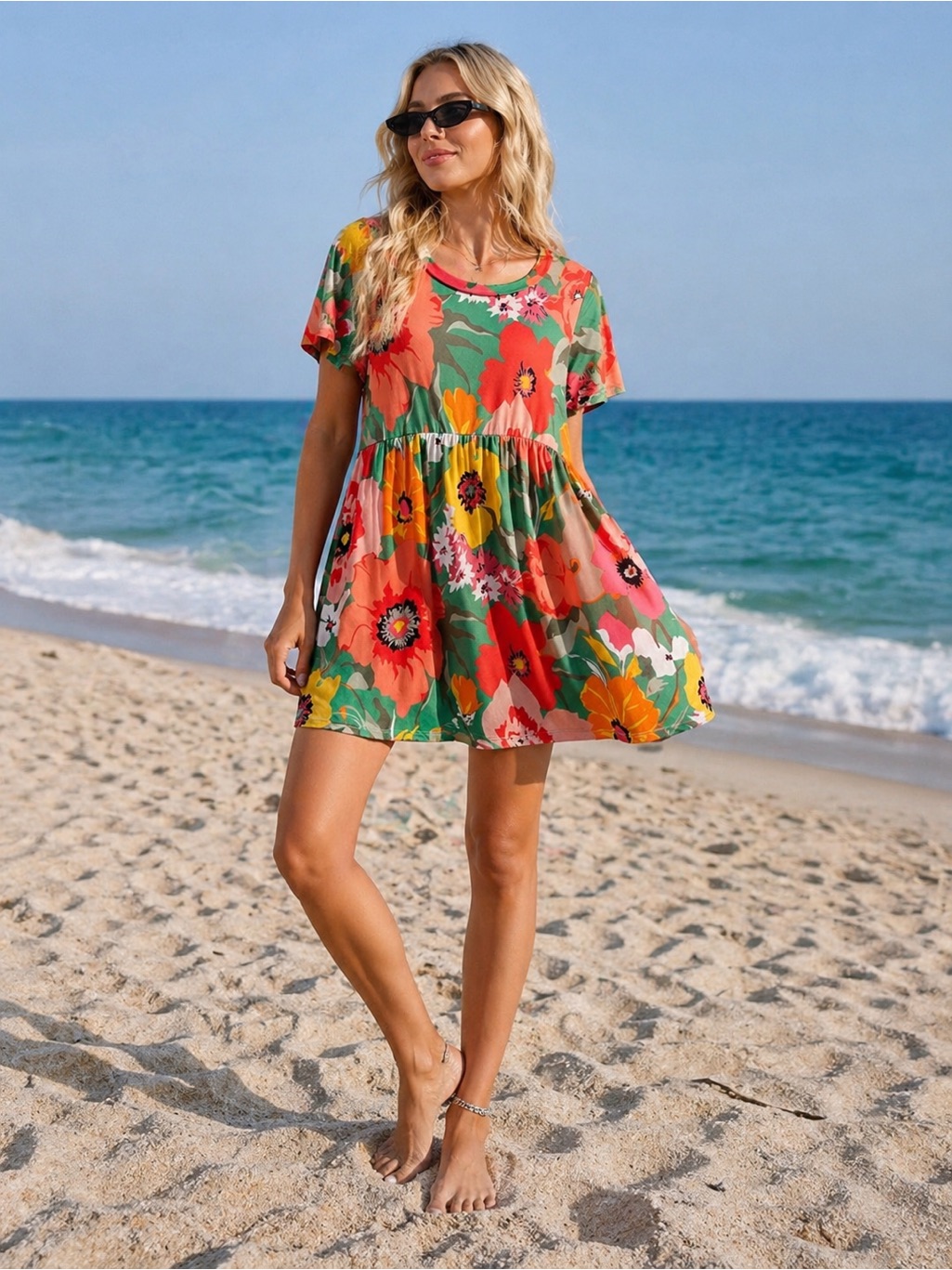 Women’s Short Sleeve Babydoll Mini Dress In Multi-Color Floral Print
